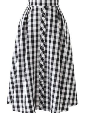 Chicwish Gingham Button Front A-Line Midi Skirt Black White High Waist Size M